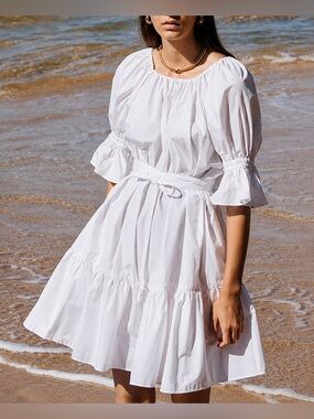 Ephemera White Smocked Poplin Zeppelin Mini Dress with Belt Size XS/Small
